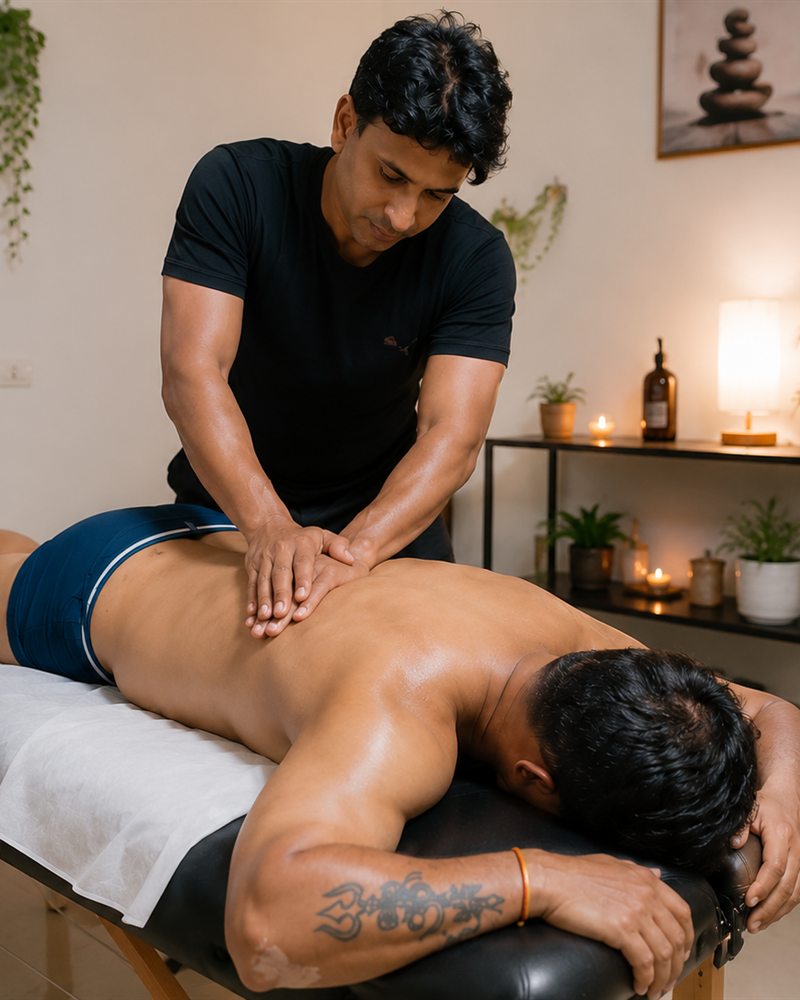 Santosh Goje giving a deep tissue back massage during a home visit in Hyderabad
