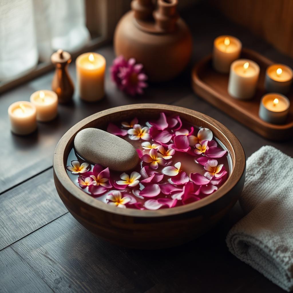 Warm foot soak bowl with flower petals and pumice stone