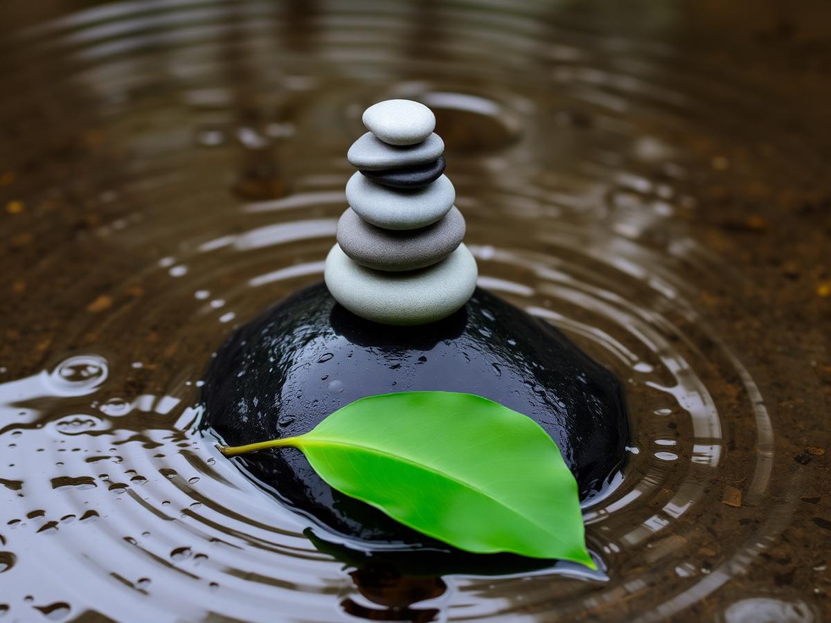 Balanced pebble stack over rippling water
