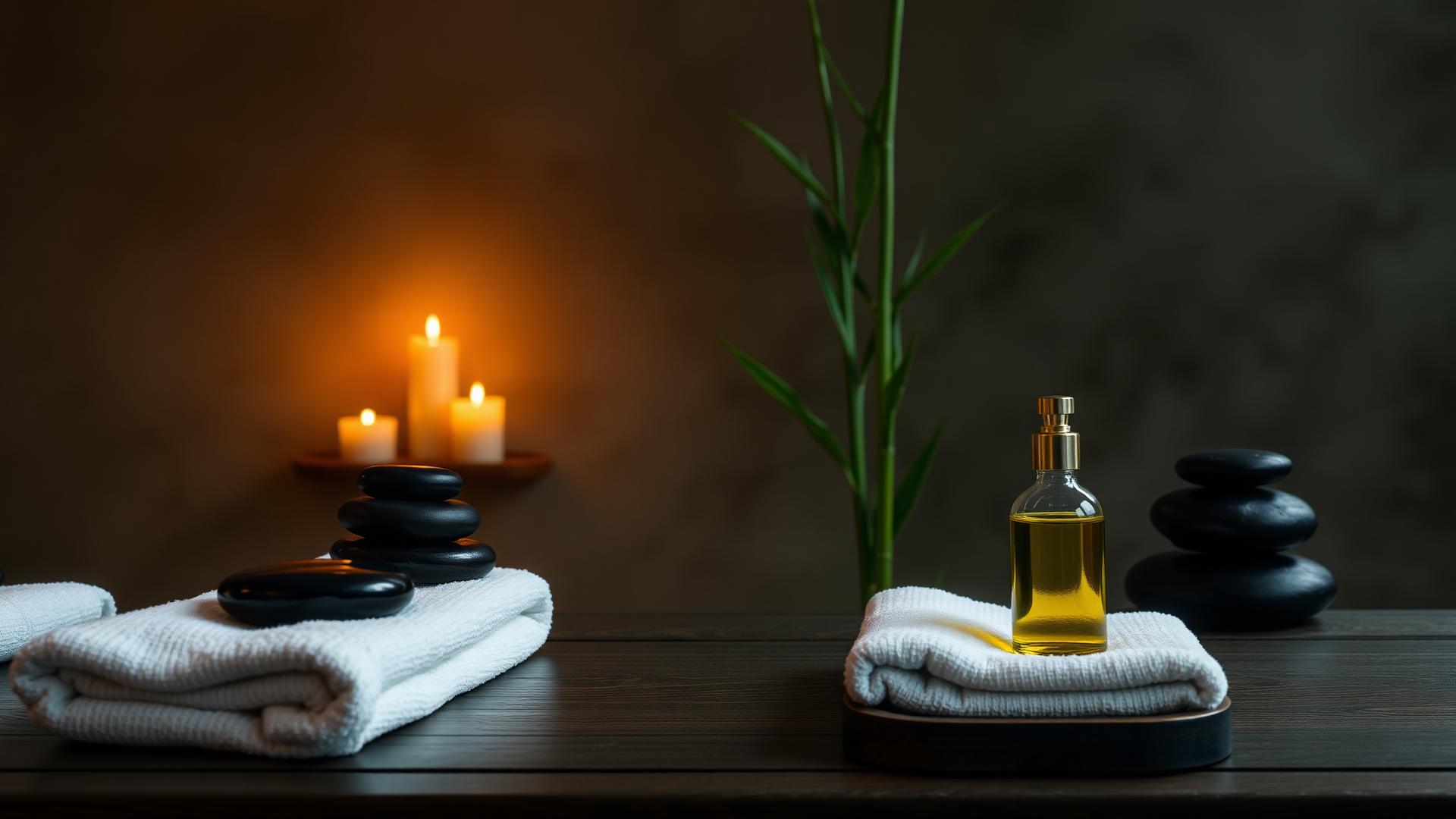 Candles, hot stones and massage oil prepared for a home session